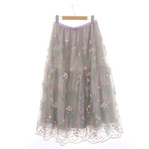 franche lippée ガーデニングチュールスカート ロング フレア 刺繍 M ライトグレー ラベンダー マルチカラー