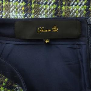 Drawer チェックツィードスカート ロング 台形 フリンジ ウール 40 青 ブルー