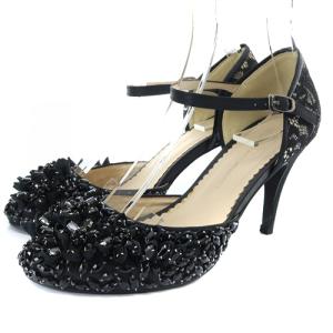 フラワー ビジュー パンプス ピンヒール ストラップ 37 23.5cm 黒 ブラック