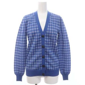 チェック カーディガン 長袖 フロントボタン Vネック XS 青 ブルー 白 ホワイト