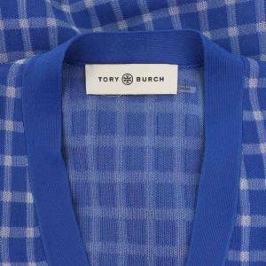 TORY BURCH チェック カーディガン 長袖 フロントボタン Vネック XS 青 ブルー 白 ホワイト