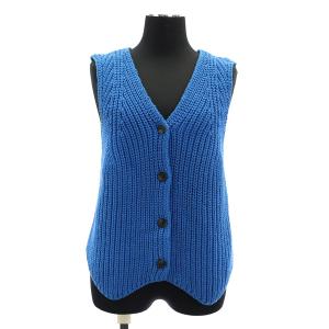 22AW コットンブレンド 畦 ボタン コンパクト ベスト ニット Vネック 前開き 青 ブルー