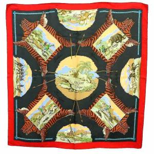 スカーフ カレ90 LA CHASSE en A frique アフリカのハント グレー ベージュ 赤 レッド