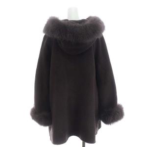 GRACE CONTINENTAL ポンチョ風トリミングコート フード フォックスファー アウター ジップアップ ウール 36 茶 ブラウン