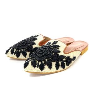 フラワー刺繍サンダル ミュール フラット ポインテッドトゥ ビーズ刺繍 36 23cm アイボリー 黒 ブラック