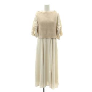 ニットベストレイヤードワンピース マキシ ロング 2点セット 五分袖 Vネック ウール混 36 S アイボリー ベージュ