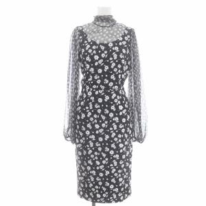 花柄 ドッキングワンピース シルク混 リボン 長袖 ロング 36 黒 白 ブラック ホワイト /HS OS