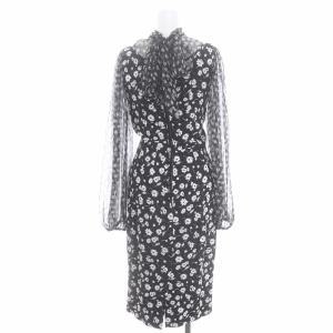 DOLCE&GABBANA 花柄 ドッキングワンピース シルク混 リボン 長袖 ロング 36 黒 白 ブラック ホワイト /HS OS