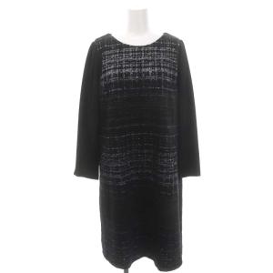 22AW ラメツイードコンビワンピース 膝丈長袖 38 黒 シルバー色 ブラック