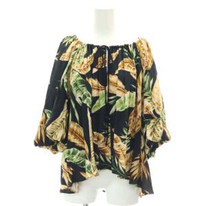 23AWリーフプリント ブラウス 七分袖 総柄 36 S 紺 ネイビー