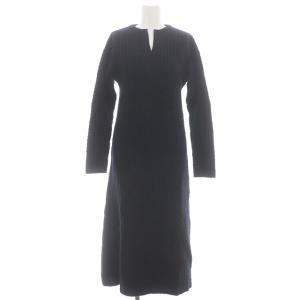 ケーブルロングニットワンピース ロング キーネック 長袖 36 紺 ネイビー