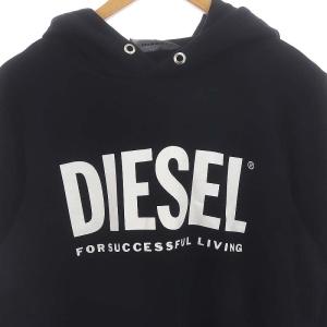 DIESEL コットンロゴプルオーバーパーカー カットソー 長袖 フード S 黒 ブラック 白 ホワイト