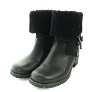 UGG australia ショートブーツ レザー スエード ムートン サイドベルト US7.5 24.5cm 黒 ブラック