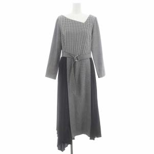 プリーツ切替チェックワンピース ロング 長袖 ベルト付き 36 黒 白 ブラック ホワイト