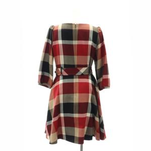 BLUE LABEL CRESTBRIDGE チェック フレアワンピース ウール 七分袖 ひざ丈 ベルト付き 38 赤 黒 ベージュ