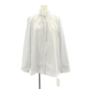 コットンフリルシャツブラウス 長袖 ストライプ F 白 ホワイト 青 ブルー
