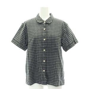 コットンリネン チェック 半袖シャツ スクエアチェック 前開き 2 チャコール 白 ホワイト
