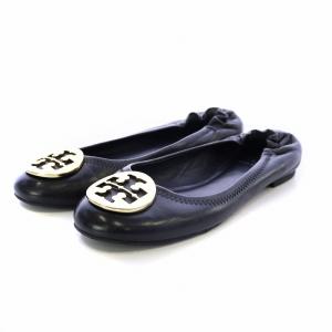 バレエシューズ パンプス フラット ラウンドトゥ ロゴ ゴールド金具 レザー 黒 ブラック