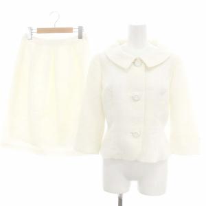 カメリア エンボス セットアップ スーツ 上下 ジャケット 七分袖 八分袖 タックスカート 膝丈 38 白 ホワイト