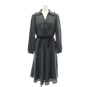 ワンピース ロング丈 ミモレ丈 長袖 Vネック バックファスナー くるみボタン ベルト付き ドット柄 40 M チャコグレー