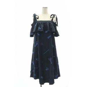 マリンモチーフ刺繍ワンピース ロング オフショルダー 36 紺 ネイビー