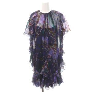 22AW DRAPED MIDI DRESS 総柄ワンピース ミニ 半袖 シアー 38 紺 ネイビー マルチカラー