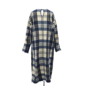 45rpm 縮絨加工メリノウール チェックワンピース ロング ミモレ丈 長袖 フリンジ 紺 オフホワイト グレー