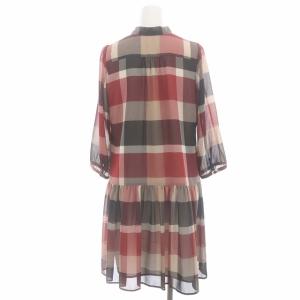 BLUE LABEL CRESTBRIDGE ボウタイ チェック 七分袖 ワンピース ミニ 38 ベージュ 赤 黒
