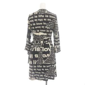 DIANE von FURSTENBERG vintage シルク アルファベット ワンピース ひざ丈 七分袖 2 黒 白 ブラック ホワイト