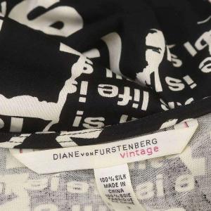 DIANE von FURSTENBERG vintage シルク アルファベット ワンピース ひざ丈 七分袖 2 黒 白 ブラック ホワイト
