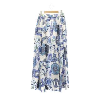KEITA MARUYAMA マルチプリントリネンロングスカート フレア マキシ丈 2 オフホワイト 紺 青