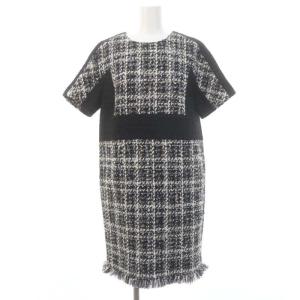 22AW ラメツイードミニワンピース フリンジ 半袖 36 黒 白 ブラック ホワイト
