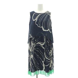 ノースリーブワンピース プリーツ 膝丈 総柄 36 紺 白 緑