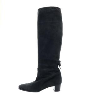 HERMES ブーツ ロング ハイヒール リボンモチーフ スエード 36 22.5cm 黒 ブラック