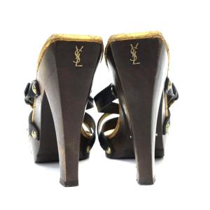 YVES SAINT LAURENT サンダル ハイヒール スクエアトゥ キルティング ベルトストラップ ロゴ 37 24cm 黒 ブラック