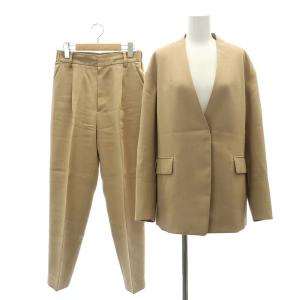 セットアップ 上下 ツイルドロップショルダーカラーレスジャケット パンツ M ベージュ