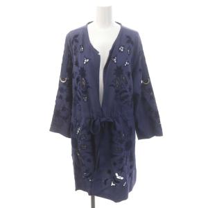 リネン混 柄刺繍 ウエストマーク ローブ カーディガン 0 青 ブルー /DF OS SH