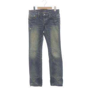 スタッズ ボタンフライ デニムパンツ ジーンズ スリム ダメージ加工 USED加工 ボタンフライ S 青 ブルー