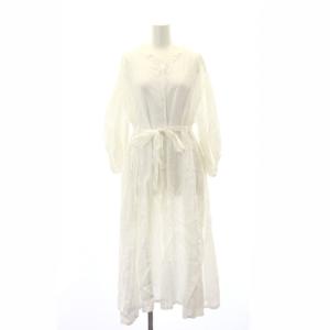 ギャザー ワンピース ロング 長袖 リネン 1 白 ホワイト /HK OS