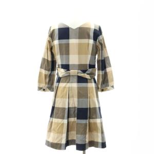 BLUE LABEL CRESTBRIDGE チェック フレアワンピース ひざ丈 七分袖 タック 38 M ベージュ