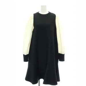 22SS バックリボンミニワンピース 長袖 切替 ニット バイカラー 38 M 黒 ブラック 白 ホワイト