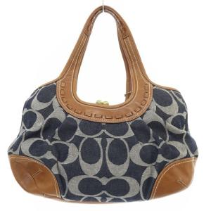 COACH エルゴ シグネチャー デニム レザー ハンドバッグ 切替 茶色 ブラウン 紺 ネイビー 12747