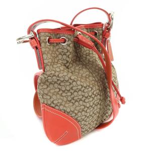 COACH ミニシグネチャー 巾着 バッグ ショルダーバッグ 切替 茶色 ブラウン 赤 レッド 6387