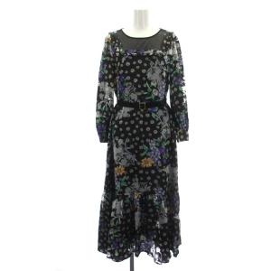 22SS フラワーオパールプリントワンピース ロング 長袖 花柄 ベルト付き 36 黒 マルチカラー ブラック