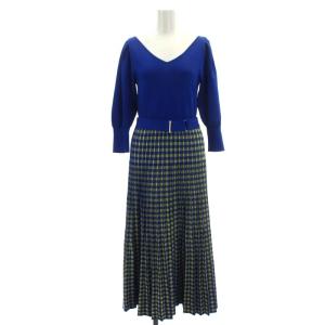 22SS ギンガムニットワンピース ロング 七分袖 Vネック チェック ベルト付き 36 青 黄色 ブルー イエロー