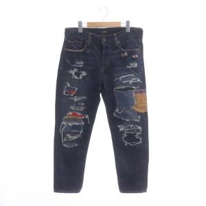 デニムパンツ ジーンズ ダメージ加工 パッチ ボタンフライ 26 S 紺 ネイビー