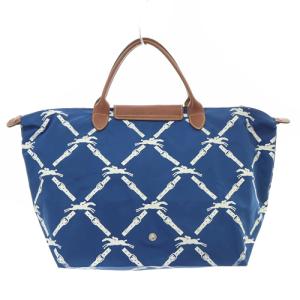 Longchamp LE PLIAGE M 総柄 トートバッグ  ナイロン ハンドバッグ 青 ブルー 茶色 ブラウン