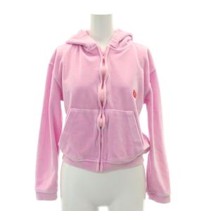 ジップアップ ベロアパーカー 長袖 フロントジップ フード付き ロゴ コットン XS ピンク /YQ OS