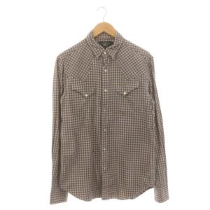 スナップボタン チェック シャツ カジュアル 長袖 S ベージュ 紺 ネイビー /AT OS