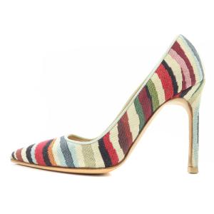 MANOLO BLAHNIK ボーダー パンプス ピンヒール ポインテッドトゥ 34.5 21.5cm 赤 レッド 水色 ブルー